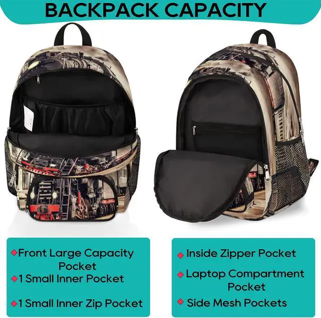 Alt view image 3 of 5 - TropicalLife Vintage Steam Train Bookbag 18 Inch School Backpack Teens Girls Boys Schoolbag Shoulder Computer Hiking Gym Travel Casual Travel Daypack