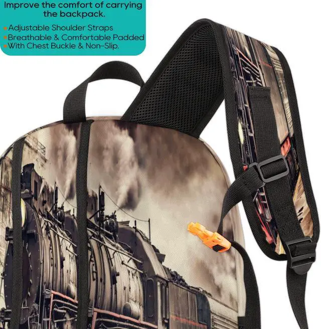 Alt view image 5 of 5 - TropicalLife Vintage Steam Train Bookbag 18 Inch School Backpack Teens Girls Boys Schoolbag Shoulder Computer Hiking Gym Travel Casual Travel Daypack