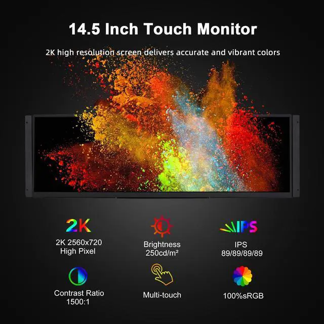 Alt view image 2 of 5 - wisecoco 14.5 Inch Embedded Monitor Open Frame Vesa Wall Mount LCD Monitor 2560x720 2K IPS Stretched Bar Capacitive Touch Screen Display with HDMI USB-C Type-C Ports for DIY
