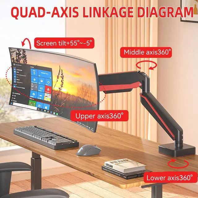 Alt view image 3 of 5 - HILLPORT Premium Aluminum Heavy Duty Monitor Arm, for Ultrawide 14 to 49 inches and 44 lbs Single Desk Mount Stand, Pneumatic Height Adjustable, Max VESA 100x100, Black A9B