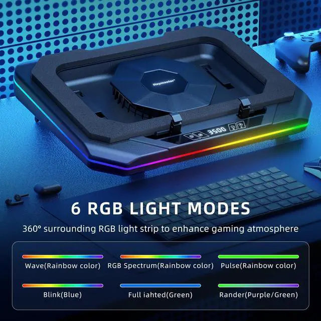 Alt view image 4 of 5 - Laptop Cooling Pad, Gaming Laptop Cooler with RGB Light, Laptop Cooling Stand with 3500 RPM Adjustable Speed Fan, 3 Port USB Hub, LED Screen and Touch Control for 12-19 Inches Laptops