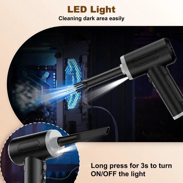 Alt view image 3 of 5 - 3 in 1 Compressed Air Duster& Mini PC Cleaner& Hand Pump, 3-Gear Adjustable 100,000RPM Handheld Electric Air Duster Cordless, Portable Air Blower with LED Light for Car, PC, Keyboard