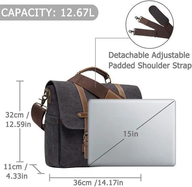 Alt view image 2 of 5 - Kasqo Messenger Bag for Men, 15.6 Inch Satchel Bag Waterproof Vintage Canvas Briefcase Work Bag Padded Shockpoof Computer Laptop Bag for School Business Daily Travel, Dark Grey