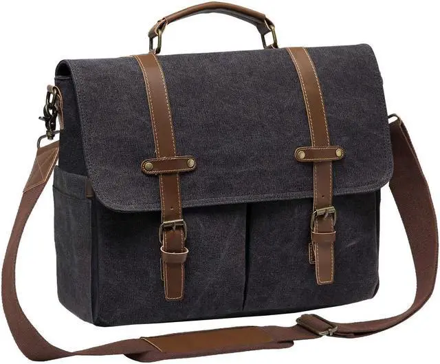 Main image of Kasqo Messenger Bag for Men, 15.6 Inch Satchel Bag Waterproof Vintage Canvas Briefcase Work Bag Padded Shockpoof Computer Laptop Bag for School Business Daily Travel, Dark Grey