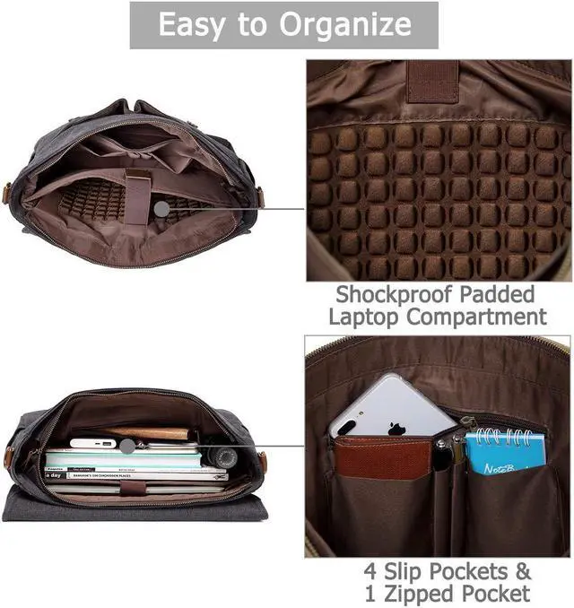 Alt view image 4 of 5 - Kasqo Messenger Bag for Men, 15.6 Inch Satchel Bag Waterproof Vintage Canvas Briefcase Work Bag Padded Shockpoof Computer Laptop Bag for School Business Daily Travel, Dark Grey