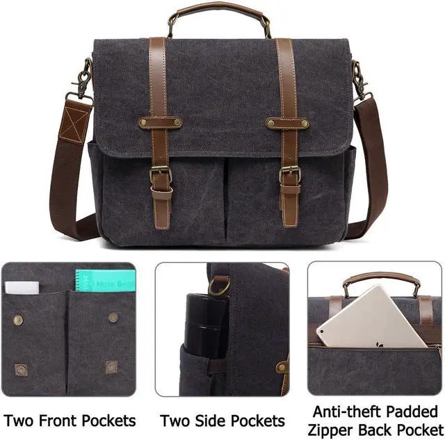 Alt view image 5 of 5 - Kasqo Messenger Bag for Men, 15.6 Inch Satchel Bag Waterproof Vintage Canvas Briefcase Work Bag Padded Shockpoof Computer Laptop Bag for School Business Daily Travel, Dark Grey