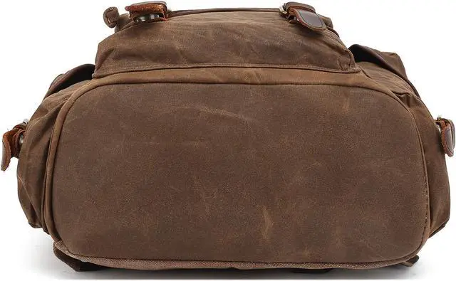 Alt view image 5 of 5 - Genuine Leather Canvas waxed Backpack Travel Rucksack Laptop Bag Army Green