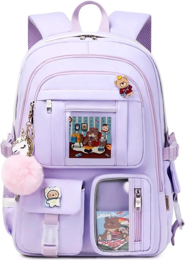 Main image of Backpack for Girls with Accessories Laptop Bookbags 16 Inch Kawaii Kids Elementary Middle High School Bag College Travel Daypack Gifts for Teens Women Students (Purple)