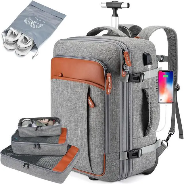 Main image of Rolling Backpack for Men and Women, Extra Large 42L Travel Backpack with Wheels, 17.3 Inch Carry-On Laptop Backpack with 4 packing cubes for Business and Work, Large Capacity Rolling Bag(Grey)