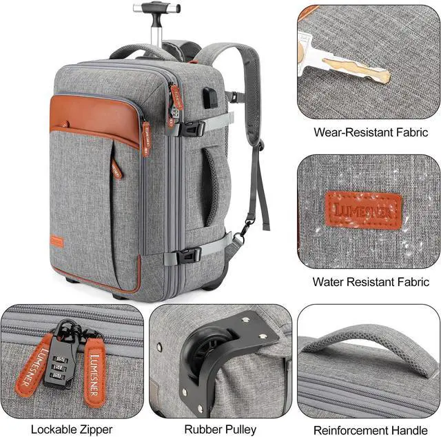 Alt view image 4 of 5 - Rolling Backpack for Men and Women, Extra Large 42L Travel Backpack with Wheels, 17.3 Inch Carry-On Laptop Backpack with 4 packing cubes for Business and Work, Large Capacity Rolling Bag(Grey)