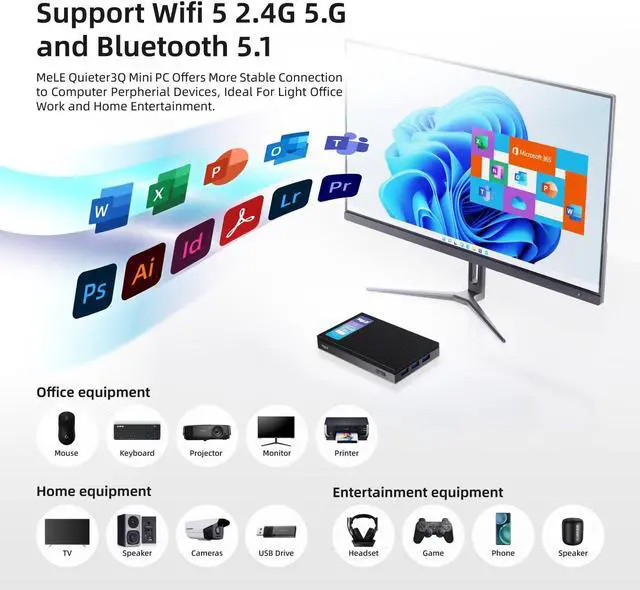 Alt view image 3 of 5 - MeLE Quieter3Q Fanless Mini PC Celeron N5105 8GB 128GB, Micro Desktop Computer, Dual HDMI USB3.2 WiFi 5 BT5.1, Ethernet Unlock Bios on Office/Industrial/Astrophotography with VESA Mount