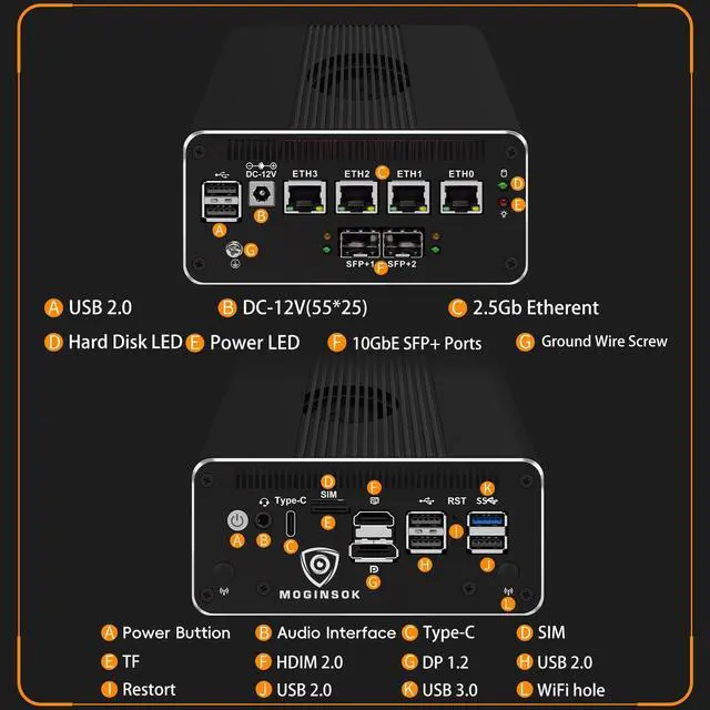 Alt view image 3 of 5 - MOGINSOK Micro Firewall Appliance 10GbE Mini PC with SFP+, Intel Alder Lake N100 (4C/4T) 4xIntel I226-V 2.5GbE 2*Intel 82599ES 10GbE Firewall LTE Router Support AES-NI 8GB DDR5 128GB NVMe SSD