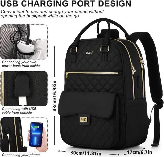 Alt view image 4 of 5 - RJEU Laptop Backpack Women 15.6in,Cute School Backpack Bookbag for Teen Girls College Student,Mochila para niña adolescente for Work Travel,Aesthetic Backpack,Black