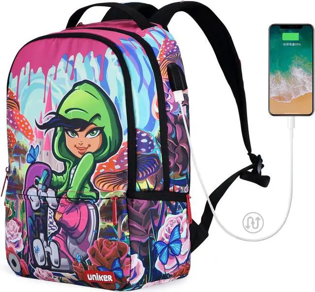 Alt view image 2 of 5 - UNIKER Laptop Backpack with USB Charging Port,Graffiti Middle School Backpack for Girls,Water Resistant Travel Backpack for Women,Designer Laptop Backpack for 15.6 Inch Laptop,Skateboard Girl