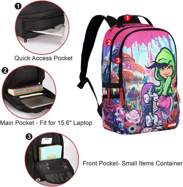 Alt view image 5 of 5 - UNIKER Laptop Backpack with USB Charging Port,Graffiti Middle School Backpack for Girls,Water Resistant Travel Backpack for Women,Designer Laptop Backpack for 15.6 Inch Laptop,Skateboard Girl
