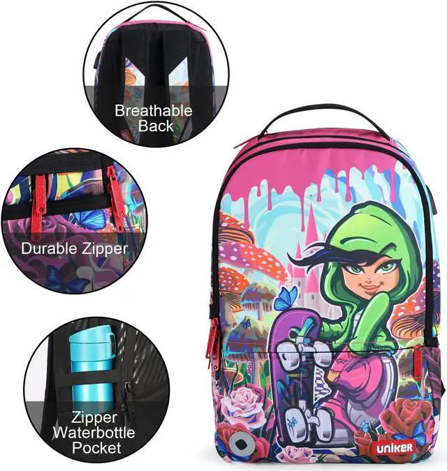 Alt view image 4 of 5 - UNIKER Laptop Backpack with USB Charging Port,Graffiti Middle School Backpack for Girls,Water Resistant Travel Backpack for Women,Designer Laptop Backpack for 15.6 Inch Laptop,Skateboard Girl