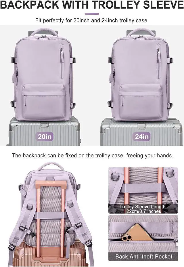 Alt view image 2 of 5 - VGCUB Large Travel Backpack Bag for Women Men,Carry on Backpack,17 Inch Laptop Business Work Waterproof Backpack with Laptop Compartment,Person Item Flight Approved,Mochila de Viaje,Purple