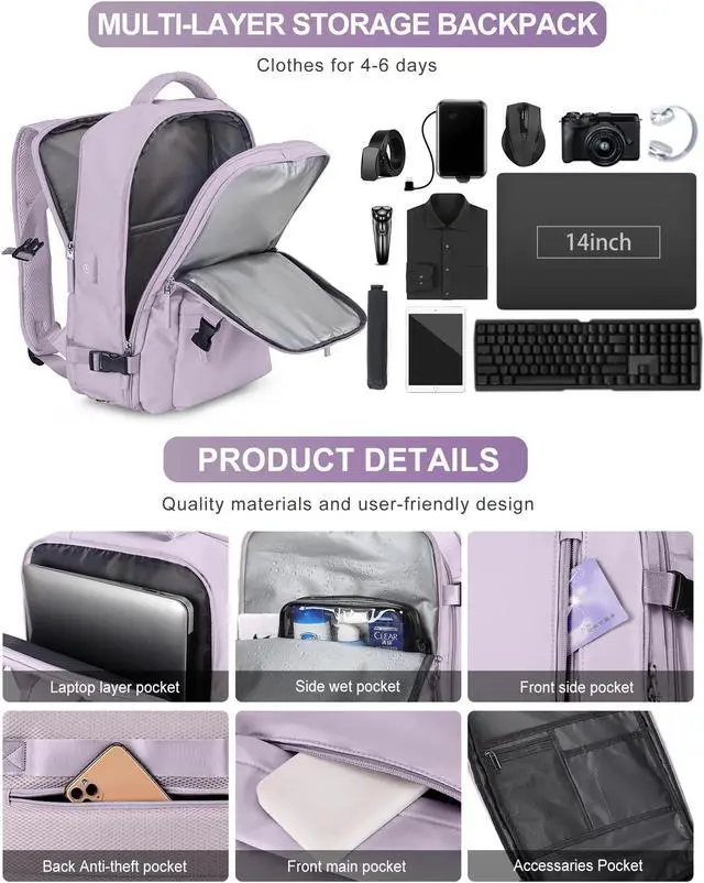 Alt view image 5 of 5 - VGCUB Large Travel Backpack Bag for Women Men,Carry on Backpack,17 Inch Laptop Business Work Waterproof Backpack with Laptop Compartment,Person Item Flight Approved,Mochila de Viaje,Purple