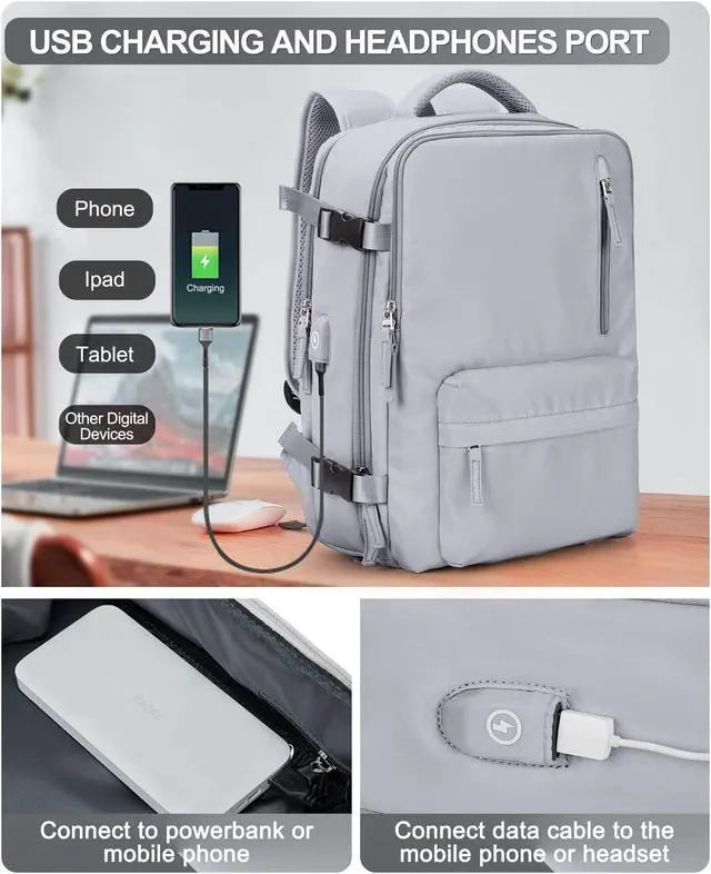 Alt view image 4 of 5 - VGCUB Large Travel Backpack Bag for Women Men,Carry on Backpack,17 Inch Laptop Business Work Waterproof Backpack with Laptop Compartment,Person Item Flight Approved,Mochila de Viaje,Grey Large