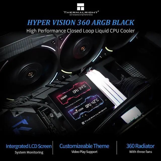 Alt view image 2 of 5 - Thermalright Hyper Vision 360 ARGB Black AIO CPU Liquid Cooler,IPS LCD Screen with 480x480 Resolution,for AM5/Intel LGA1851/1700,3.95in Magnet-Absorbent LCD Screen for Images,Black CPU Water Cooling