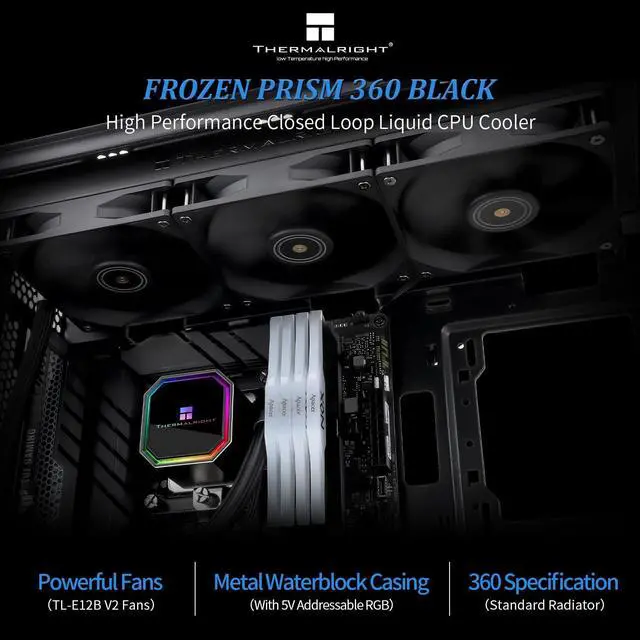 Alt view image 2 of 5 - Thermalright Frozen Prism 360 Black AIO Water Cooler,Liquid CPU Cooler, 3×120mm PWM Fans Water Cooling System,1850RPM High Speed,Compatible with AMD/AM4/AM5&Intel LGA1151/1200/2066/1700