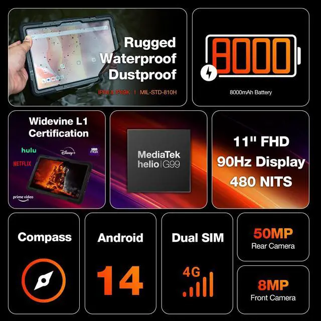 Alt view image 4 of 5 - AGM Rugged Tablet, 11" Android Tablet GMS Certified with MTK G99, 16GB RAM 256GB ROM 2TB TF, 90Hz FHD IPS Touchscreen 18H Battery, 50MP+8MP, GPS, IP68/IP69K, Drop-Proof with Strap & Case for Outdoors