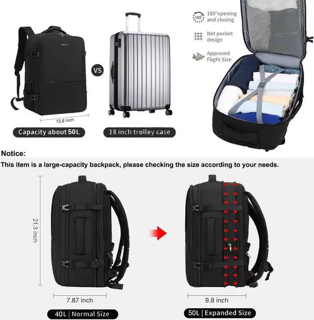 Alt view image 2 of 5 - MOLNIA 50L Expandable Travel Backpack for Men Women, Carry On Backpack Airline Approved, Suitcase Backpack with Packing Cubes, Water Resistant Luggage Backpack Daypack Weekender Bag, Black