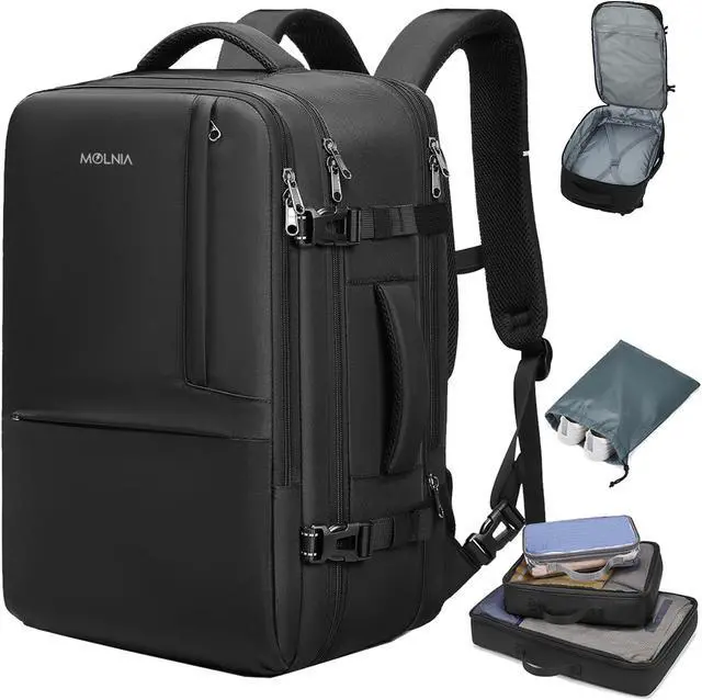 Main image of MOLNIA 50L Expandable Travel Backpack for Men Women, Carry On Backpack Airline Approved, Suitcase Backpack with Packing Cubes, Water Resistant Luggage Backpack Daypack Weekender Bag, Black
