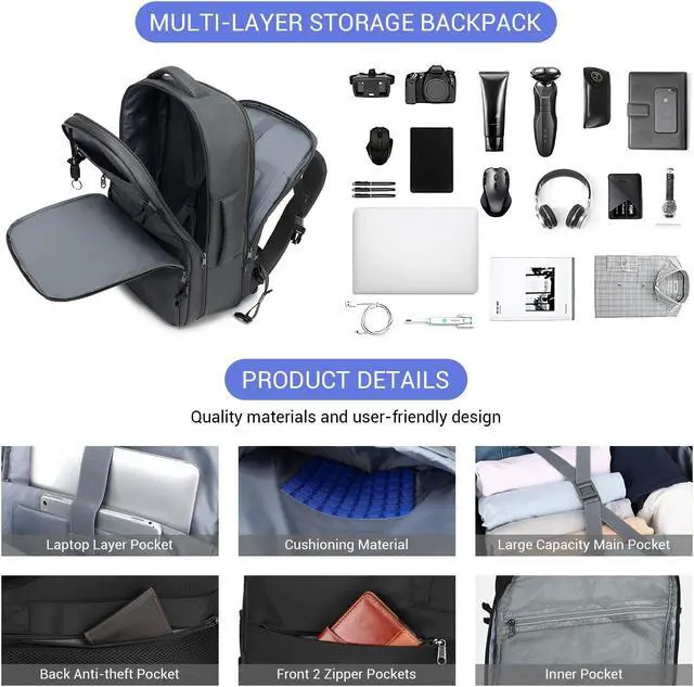 Alt view image 4 of 5 - MOLNIA 50L Expandable Travel Backpack for Men Women, Carry On Backpack Airline Approved, Suitcase Backpack with Packing Cubes, Water Resistant Luggage Backpack Daypack Weekender Bag, Black