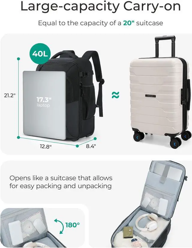 Alt view image 3 of 5 - BAGSMART Rolling Backpack, 17 Inch Travel Laptop Wheeled Backpack, 40L Large Carry-On Luggage with Wheels for Men Women, Water-Resistant Overnight Work College Trolley Bag, Black