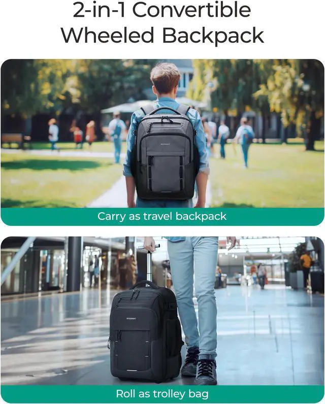 Alt view image 2 of 5 - BAGSMART Rolling Backpack, 17 Inch Travel Laptop Wheeled Backpack, 40L Large Carry-On Luggage with Wheels for Men Women, Water-Resistant Overnight Work College Trolley Bag, Black