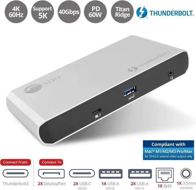 Alt view image 2 of 5 - SIIG Thunderbolt 3 or USB C Dual 4K Display Docking Station with 60W PD- Titan Ridge (2X DP 1.2, 1x USB-A/2x USB-C 10Gbps, 2X USB-A 5Gbps, Ethernet) for Windows&Mac M1/M2/M3 Pro/Max (JU-DK0C11-S1)