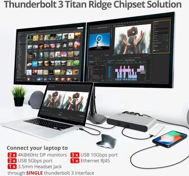 Alt view image 4 of 5 - SIIG Thunderbolt 3 or USB C Dual 4K Display Docking Station with 60W PD- Titan Ridge (2X DP 1.2, 1x USB-A/2x USB-C 10Gbps, 2X USB-A 5Gbps, Ethernet) for Windows&Mac M1/M2/M3 Pro/Max (JU-DK0C11-S1)