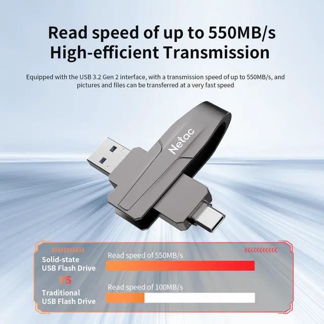 Alt view image 5 of 5 - Netac 256GB Portable External USB Solid State Drive, up to 550MB/s Type-c and USB 3.2 Dual Interface for Data Storage, Expansion of Storage for Photos/Videos/Music/Files, US8