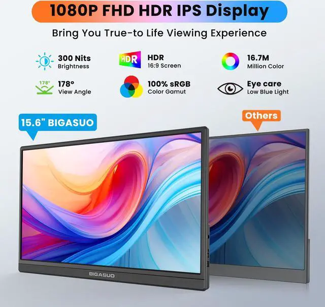 Alt view image 2 of 5 - BIGASUO Portable Monitor for Laptop, 15.6'' FHD 1080P USB-C HDMI Travel Monitor, HDR IPS Ultra-Slim Portable Screen with Kickstand & Speakers, Extra Screen for Laptop PC MAC Phone PS4/5 Xbox Switch