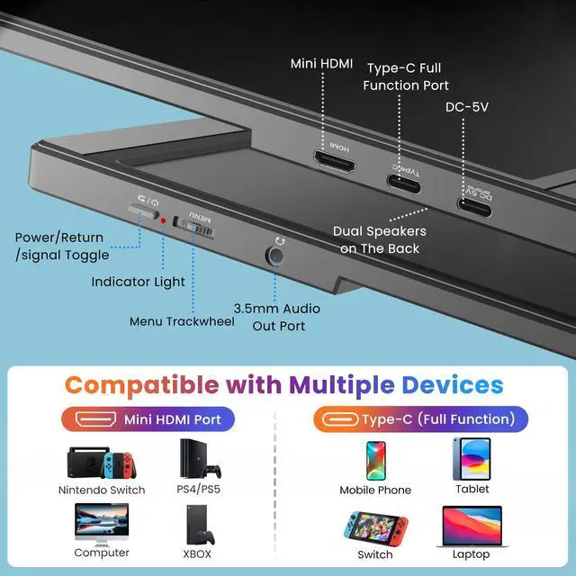 Alt view image 3 of 5 - BIGASUO Portable Monitor for Laptop, 15.6'' FHD 1080P USB-C HDMI Travel Monitor, HDR IPS Ultra-Slim Portable Screen with Kickstand & Speakers, Extra Screen for Laptop PC MAC Phone PS4/5 Xbox Switch