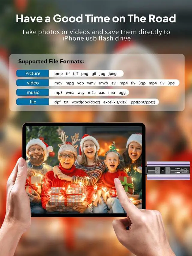 Alt view image 5 of 5 - EATOP 256GB Flash Drive Intended for iPhone iPad Android and Computers, 4 in 1 Photo Stick for Phone Memory Storage Easily Backup Photos Videos, Plug and Play, No Application Required (Light Purple)