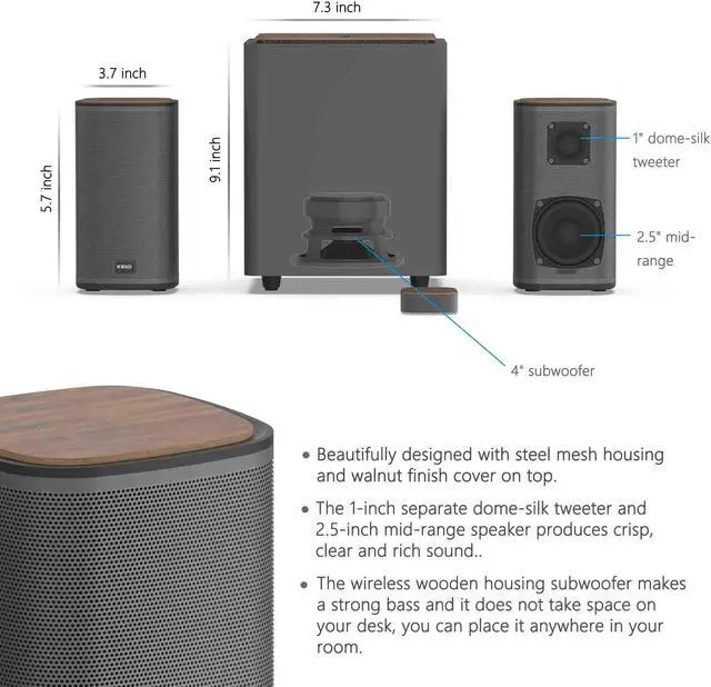 Alt view image 2 of 5 - KEiiD 2.1 Bluetooth Computer Speakers with Wireless Subwoofer and Wireless Touchpad for Desktop Laptop Pc Stereo Gaming Speakers, 4 EQ Modes, Aesthetic Style with Great Sound Quality
