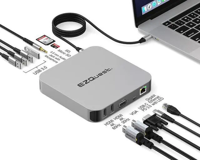 Alt view image 2 of 5 - EZQuest USB C Hub Docking Station 12 in 1 with 2 HDMI 4K 60HZ /30Hz, VGA, 1 Gbit Ethernet, 4 USB-A 3.0 ports, SD, Micro SD, USB-C PD 3.0 and Audio Port - For all computers with USB-C/Thunderbolt ports
