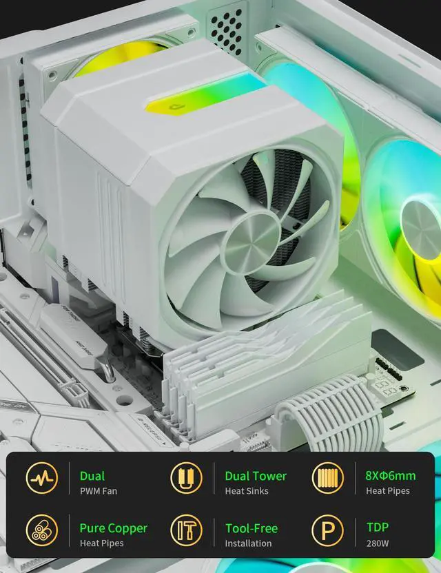 Alt view image 5 of 5 - CPU Air Cooler with 8X6mm Heat Pipes,Dual 120mm Fan ARGB CPU Cooler 1600rmp,CPU Air Cooler AMD AM5/AM4/AM3 Series,CPU Air Cooler 6.22 Height compatible with Intel LGA 1851/1700/1150/1155/2011(White)