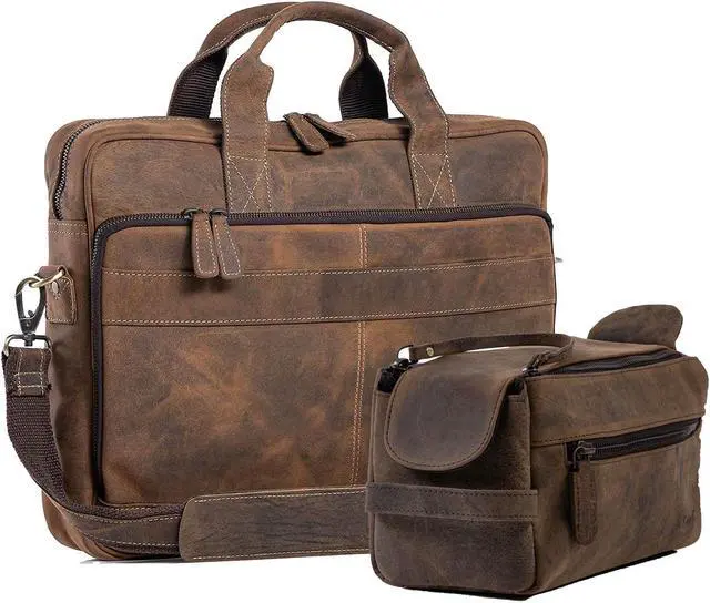 Main image of Leather briefcase 18 Inch Laptop Messenger Bags for Men and Women and Leather Unisex Toiletry Bag Travel Dopp Kit