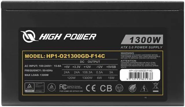Alt view image 5 of 5 - HIGH POWER PC Power Supply Fully Modular 1300W 80 Plus Gold Certified ATX 3.0 & PCIE-5.0 Compliant, High-Performance, Efficiency, and Reliability. Active PFC, and All Protections.