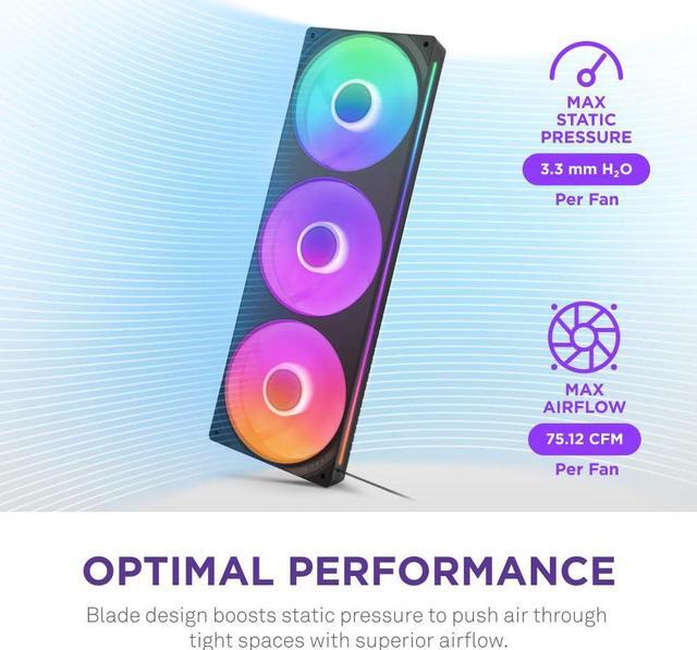 Alt view image 4 of 5 - NZXT F360 RGB Core - 360mm Single-Frame Fan Unit with 3 x 120mm RGB Fans - Speed & Lighting Control - High Static Pressure & Airflow - Fluid Dynamic Bearings - 8 aRGB LEDs Per Fan - Black