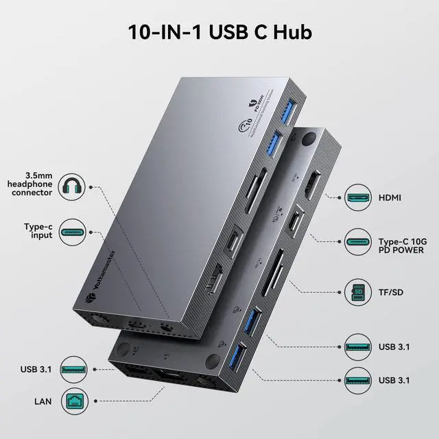 Alt view image 2 of 5 - Yottamaster Aluminum USB C Hub with M.2 NVMe SSD Enclosure, 10-in-1 USB C Docking Station 10Gbps for NVMe PCI-E M.2 SSD, Support 100W Charging, 4K HDMI, RJ45, 4 USB Ports, Audio, SD/TF Card Reader