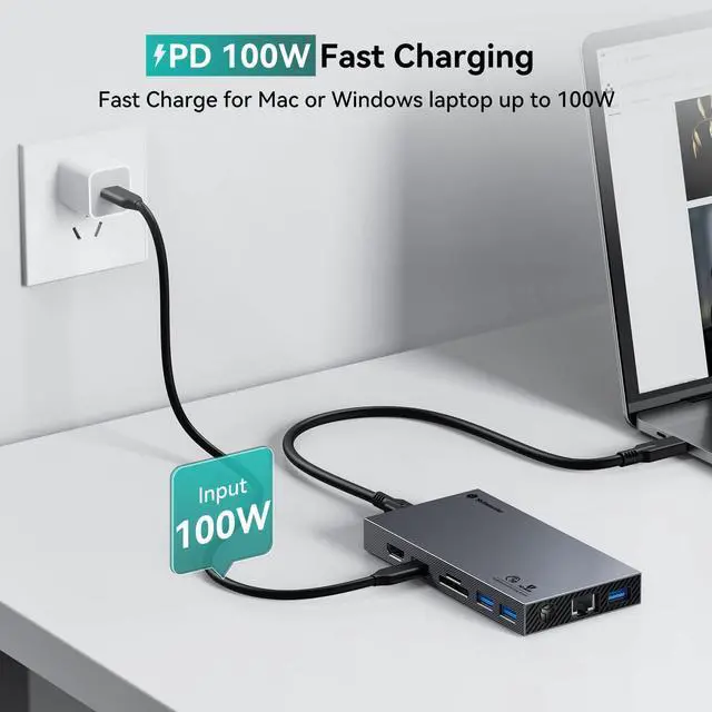 Alt view image 5 of 5 - Yottamaster Aluminum USB C Hub with M.2 NVMe SSD Enclosure, 10-in-1 USB C Docking Station 10Gbps for NVMe PCI-E M.2 SSD, Support 100W Charging, 4K HDMI, RJ45, 4 USB Ports, Audio, SD/TF Card Reader