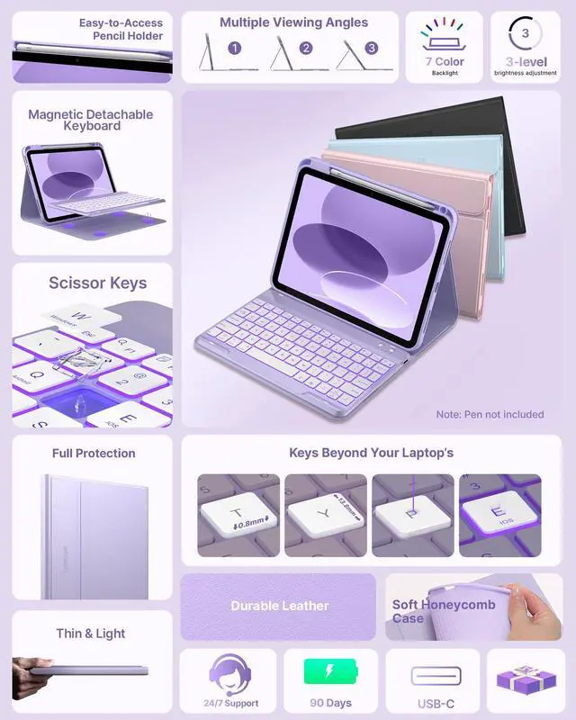 Alt view image 3 of 5 - typecase Folio Keyboard Case for iPad 10th Gen 10.9 inch (2022) and iPad 11th (A16, 2025), Magnetic Wireless Detachable Keyboard, 7-Color Backlight, Thin & Light, Pencil Holder  Light Purple