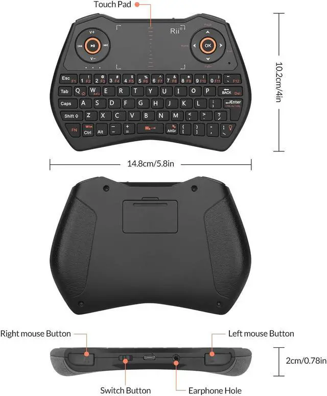 Alt view image 3 of 5 - Rii 2.4GHz Mini Wireless Keyboard with TouchpadQWERTY Keyboard, Backlit Portable Wireless with Remote Control,Built-in Mic and Headphone Port for Online Voice Communication,K28 (Black)