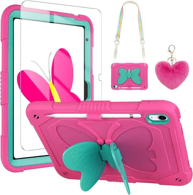 Main image of WESADN for iPad 10th Generation Case 2022 for Kids Girls with Screen Protector/Butterfly Kickstand/Lanyard/Keychain/Pencil Holder Shockproof Rugged Tablet Cover for iPad 10th Gen 10.9'' Rose Red