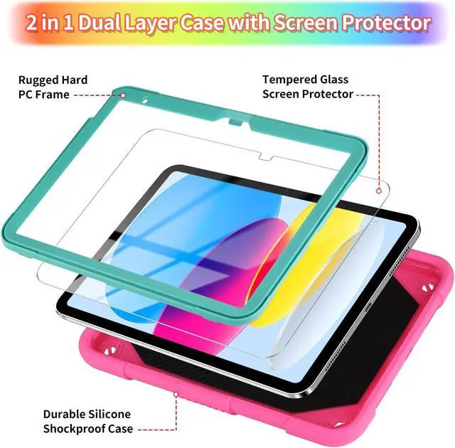 Alt view image 3 of 5 - WESADN for iPad 10th Generation Case 2022 for Kids Girls with Screen Protector/Butterfly Kickstand/Lanyard/Keychain/Pencil Holder Shockproof Rugged Tablet Cover for iPad 10th Gen 10.9'' Rose Red