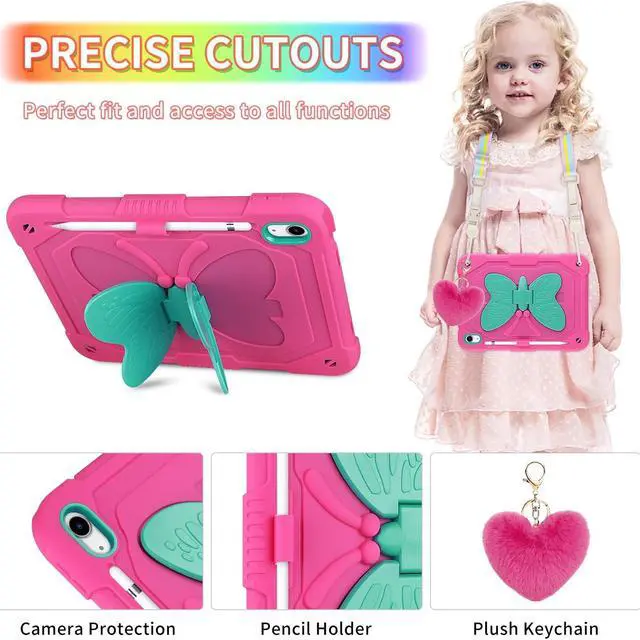Alt view image 4 of 5 - WESADN for iPad 10th Generation Case 2022 for Kids Girls with Screen Protector/Butterfly Kickstand/Lanyard/Keychain/Pencil Holder Shockproof Rugged Tablet Cover for iPad 10th Gen 10.9'' Rose Red